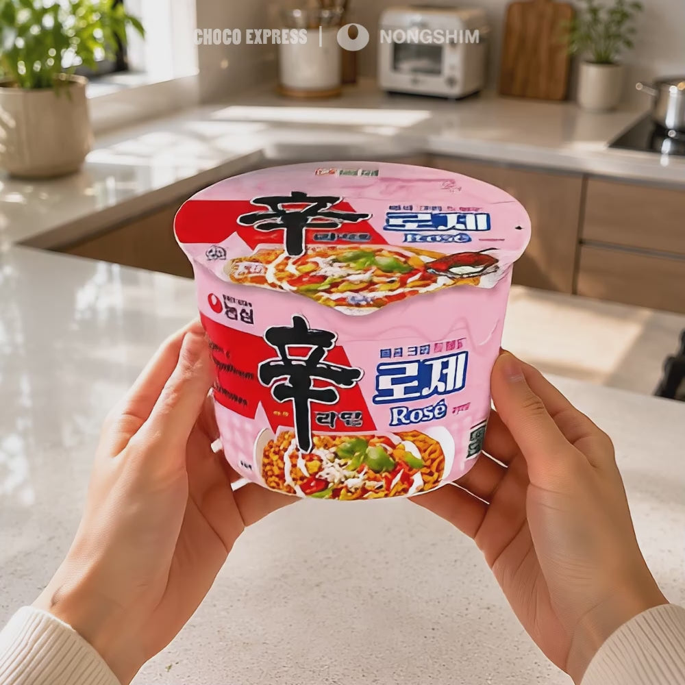 Load video: Nongshim Shin Ramyun Rosé Big Cup | Creamy Tomato &amp; Chilli Paste Korean Instant Noodles | 108g